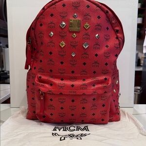 MCM Red Backpack with Silver and Gold Studs